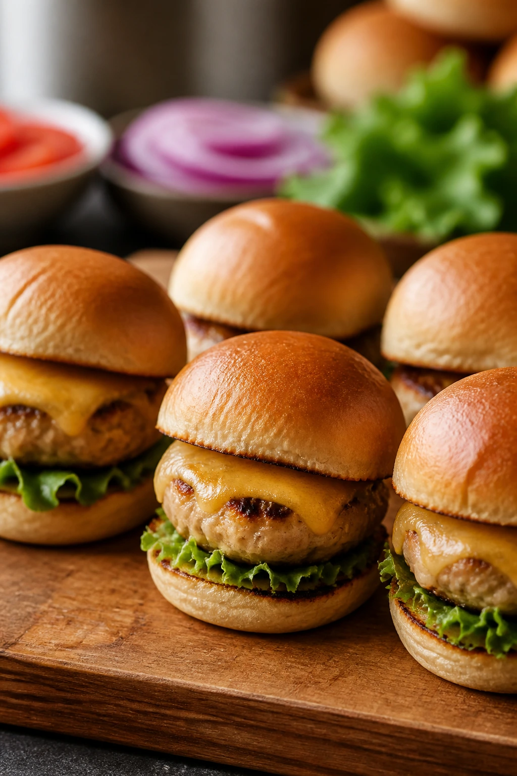 Close-up of mini turkey burgers on a wooden board