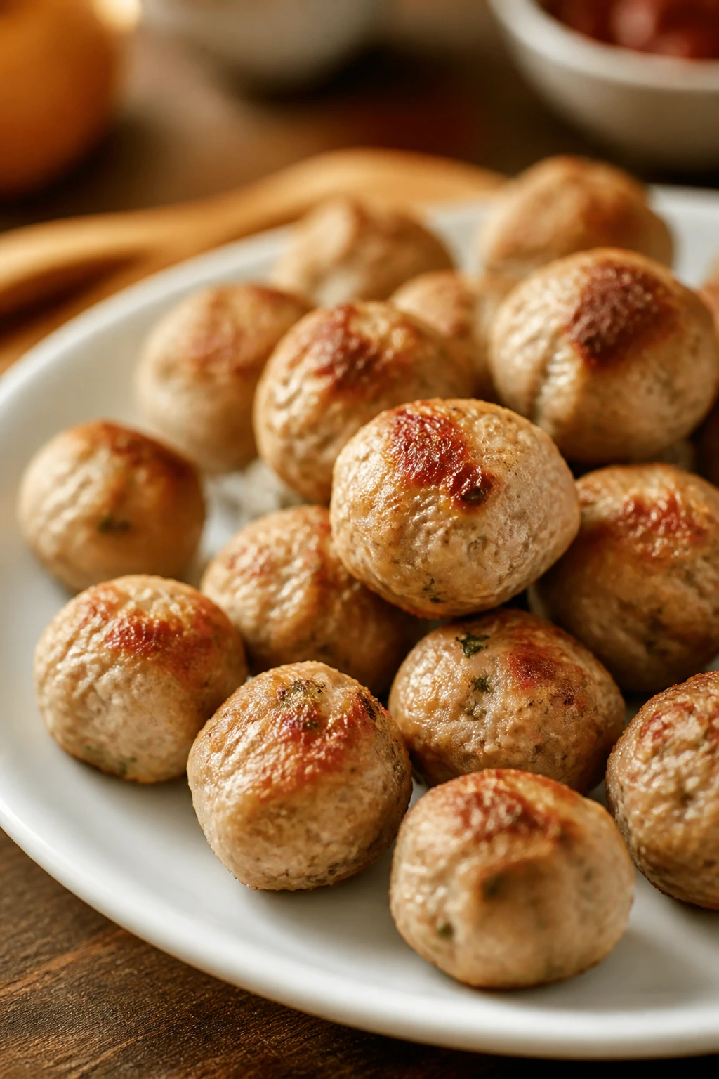 Cluster of mini turkey meatballs on a white plate