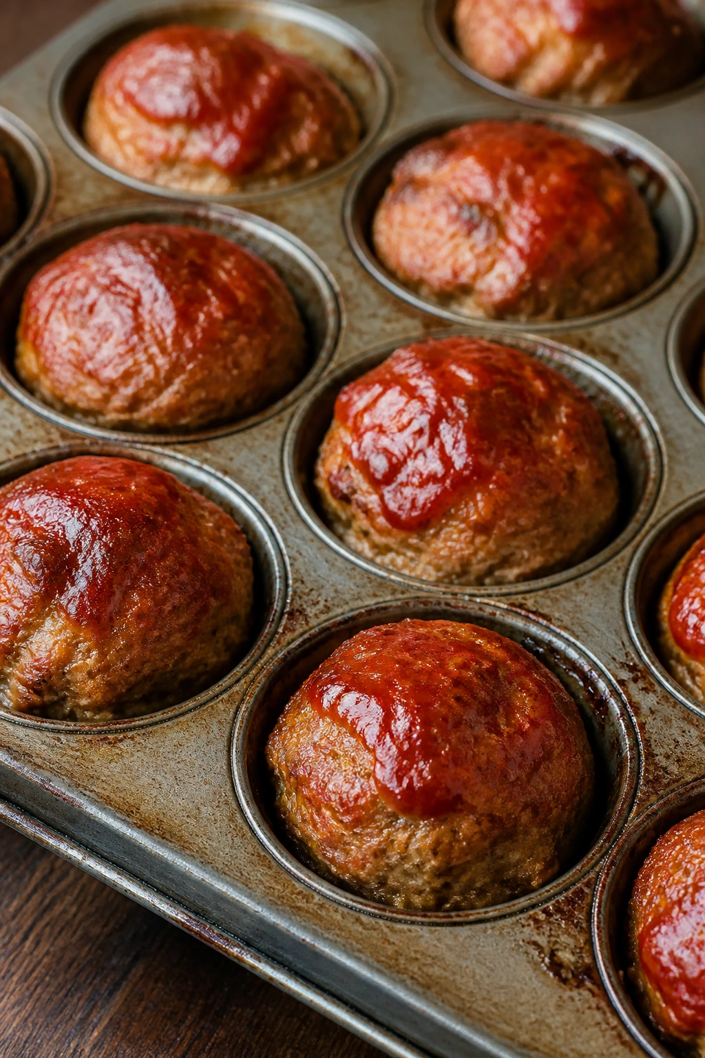 Close-up of mini turkey meatloaf muffins in a tin