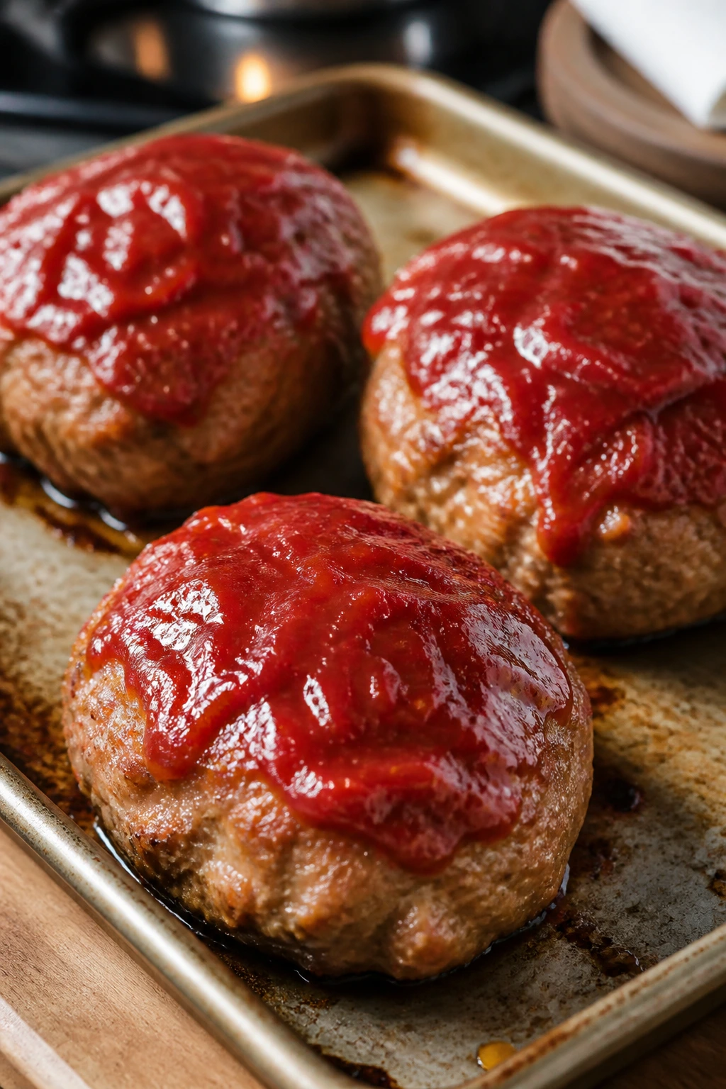 Three small turkey meatloaves with glaze on a sheet pan
