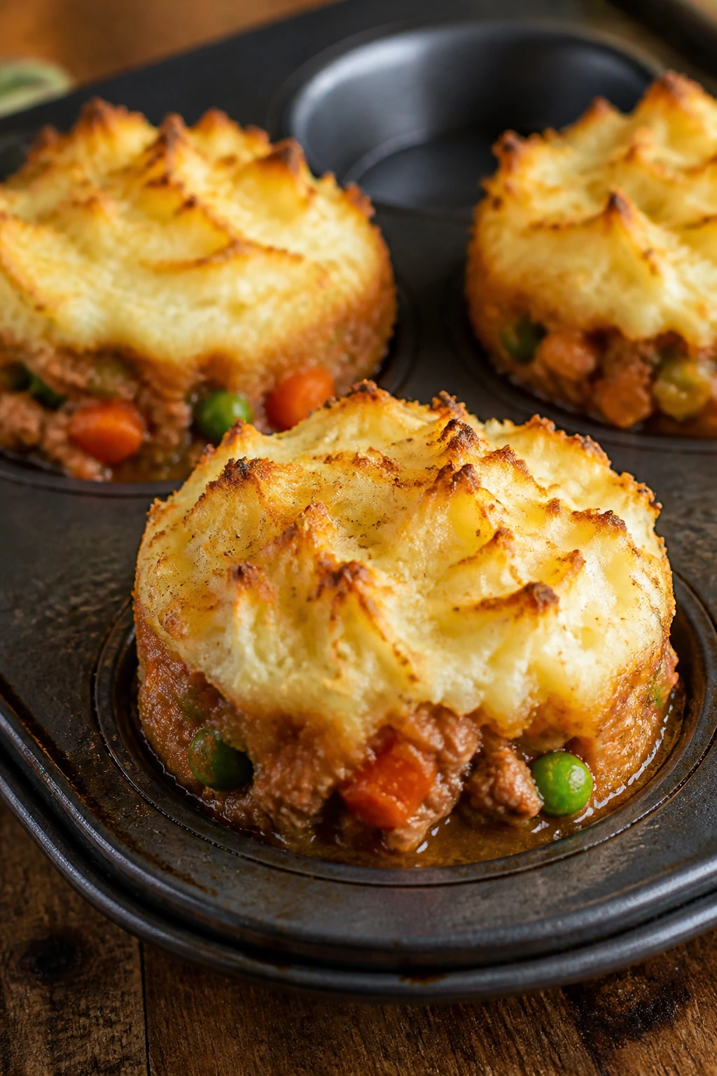 Close-up of mini turkey shepherd’s pies in muffin tins with browned potato tops.