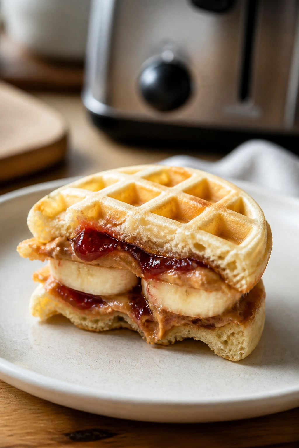 Close-up of a mini waffle sandwich with peanut butter, jam, and banana on a plate