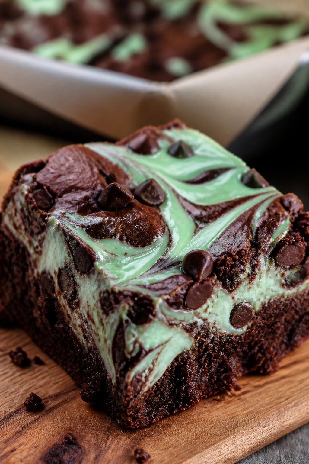 Close-up of a mint chocolate chip swirl brownie with cream cheese swirl and mini chocolate chips