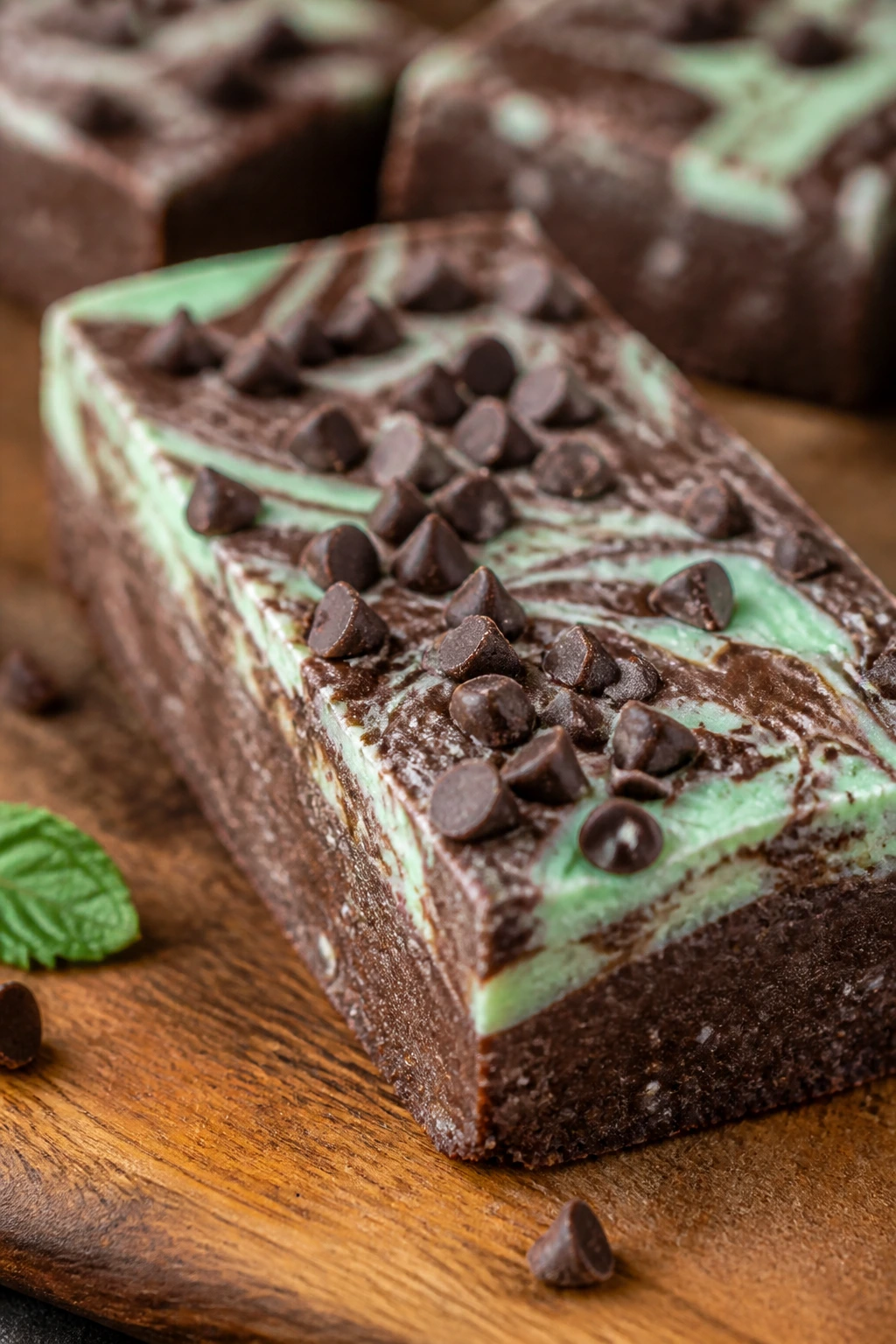Close-up of Mint Chocolate Protein Bar with mint swirl on wooden board