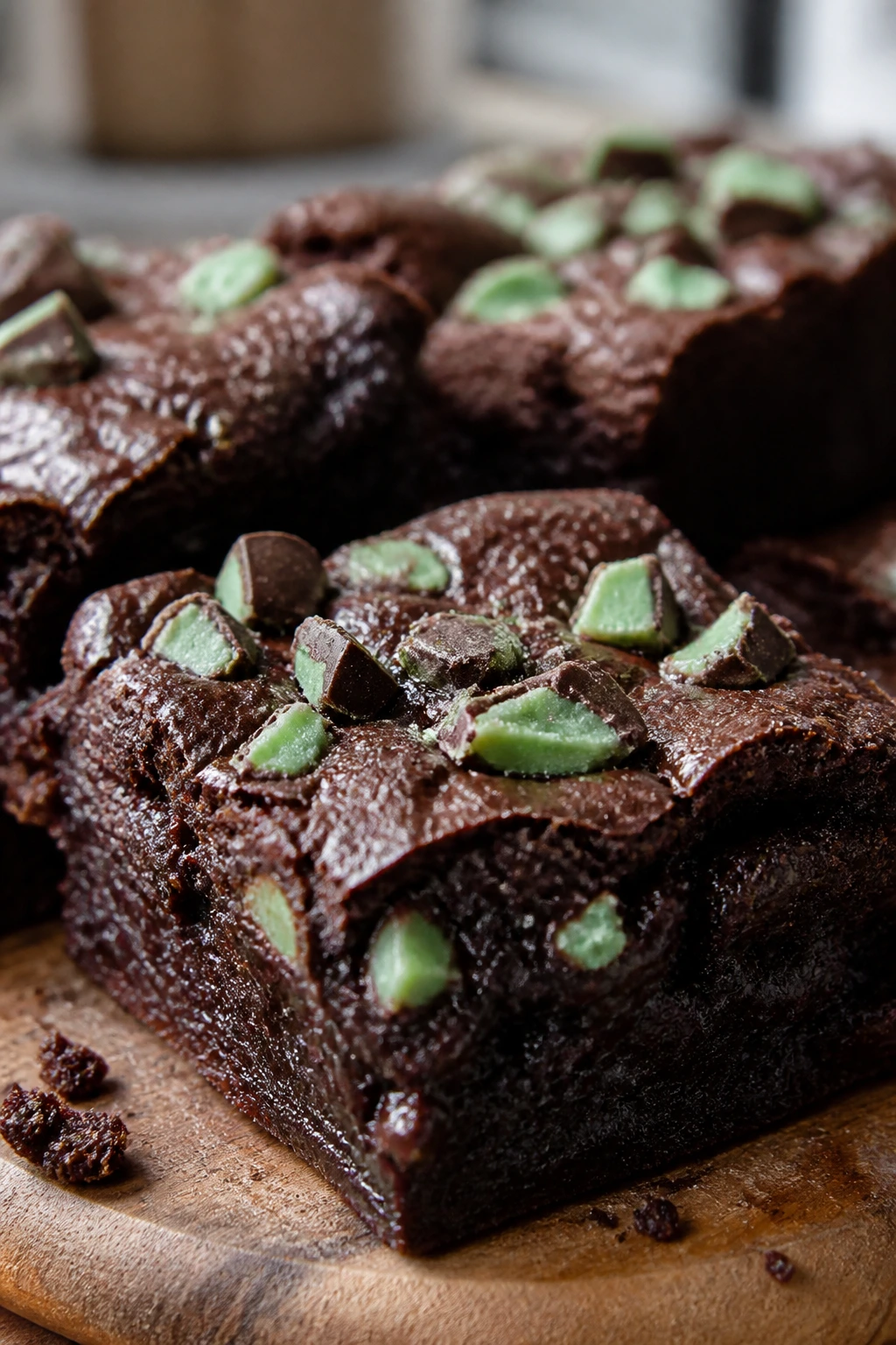 Close-up of a fudgy Mint Chocolate Brownie topped with mint candies on a wooden board