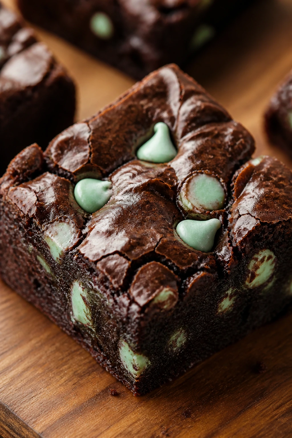 Close-up of a fudgy mint chocolate brownie square on a wooden counter with peppermint chips