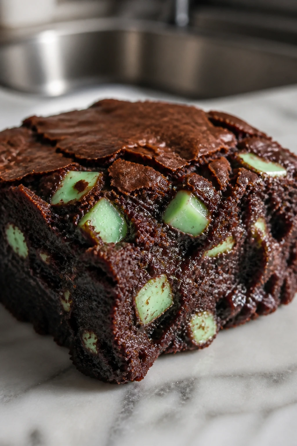 Close-up of Mint Chocolate Brownies with green mint candy pieces