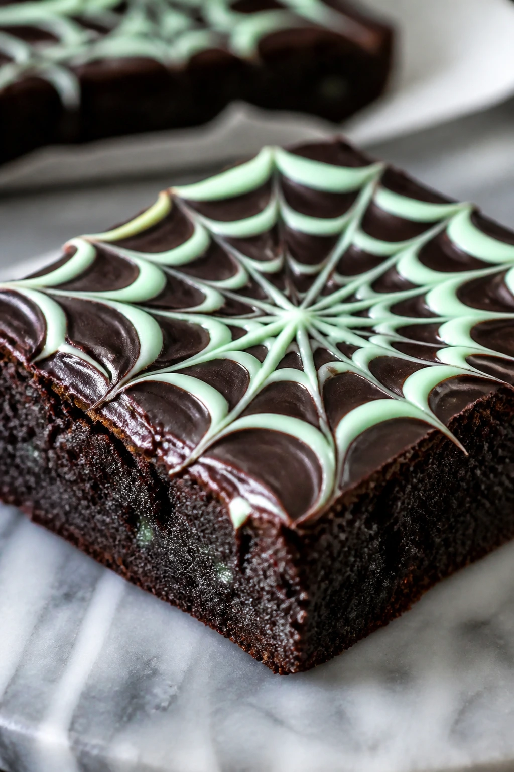 Mint chocolate brownie with white drizzle spiderweb and green tint