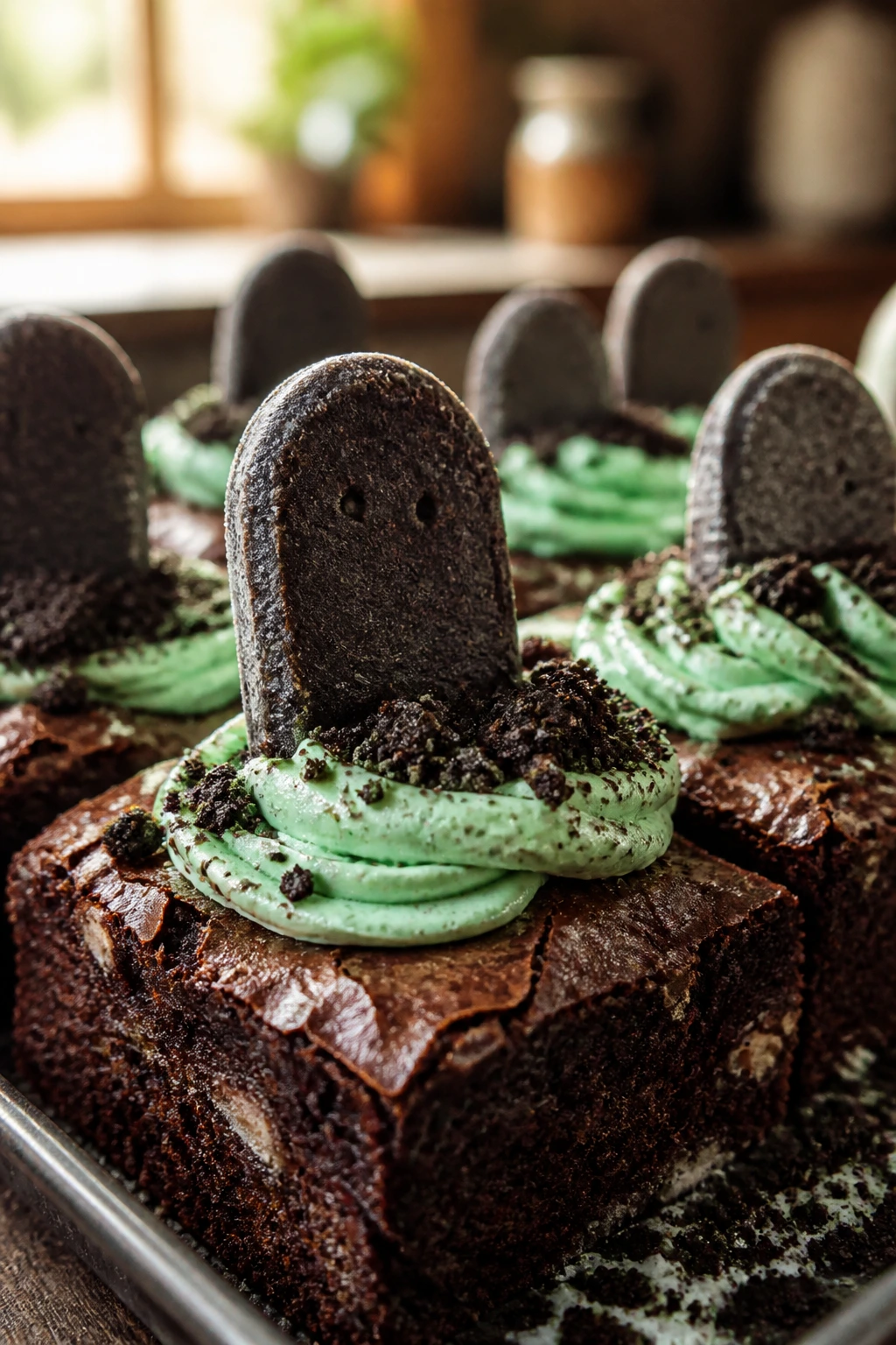 Mint chocolate graveyard brownie with green frosting and soil