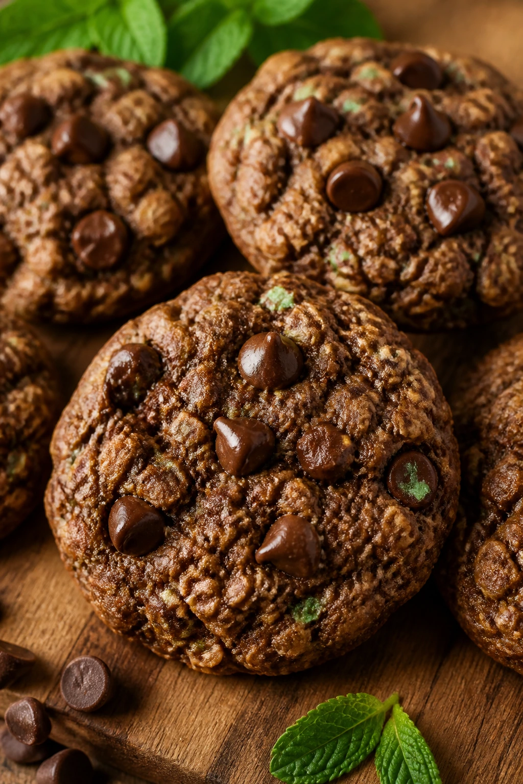 Close-up of Mint Chocolate Oatmeal Cookies with mint specks on a wooden board