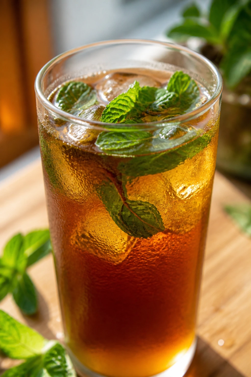 Glass of mint honey black tea with fresh mint