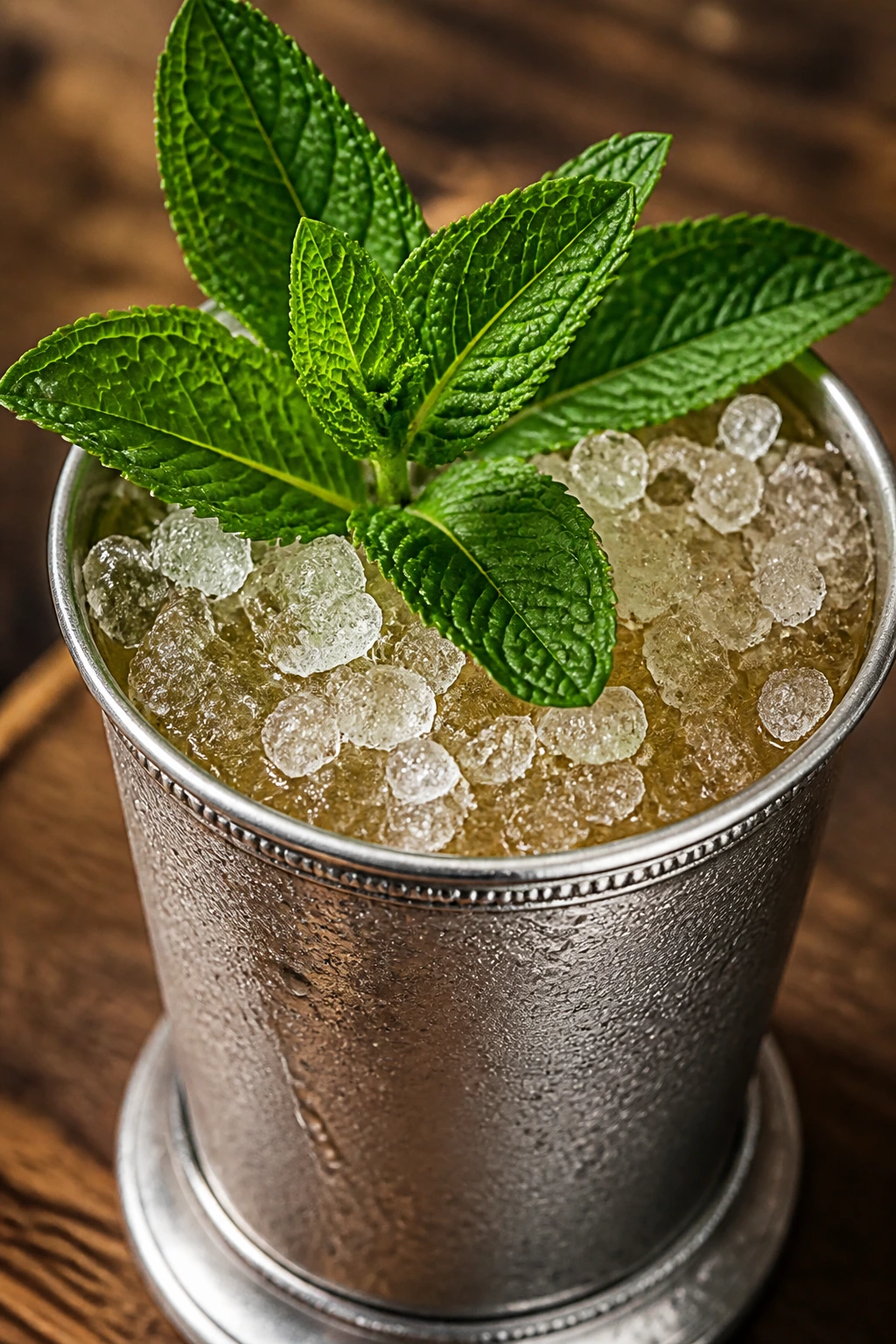 Silver julep cup with crushed ice and mint sprig