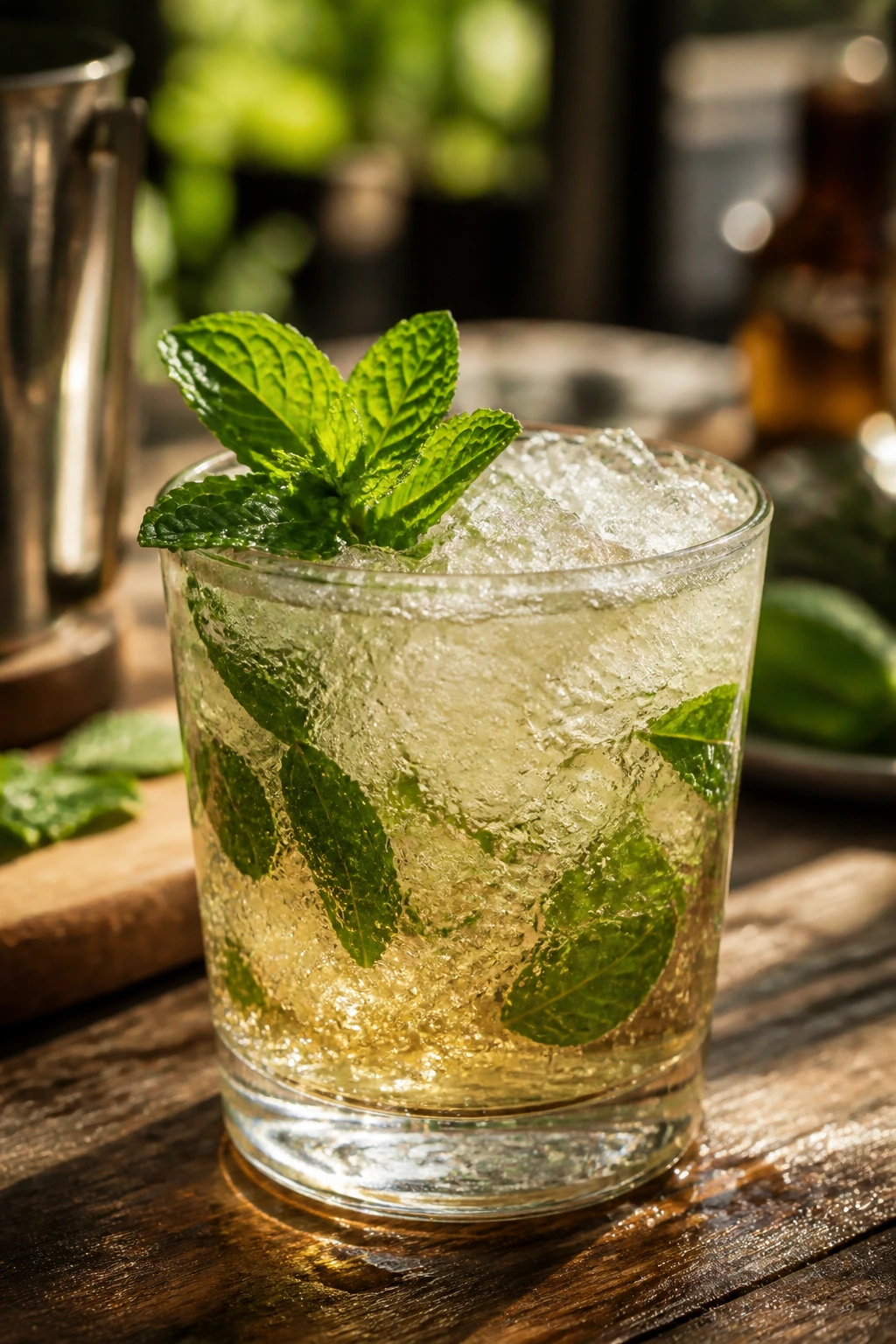 Close-up of Mint Julep Fizz with mint on crushed ice