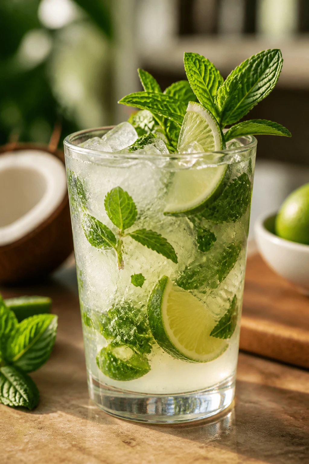 Mojito glass highlighting mint lime coconut accents