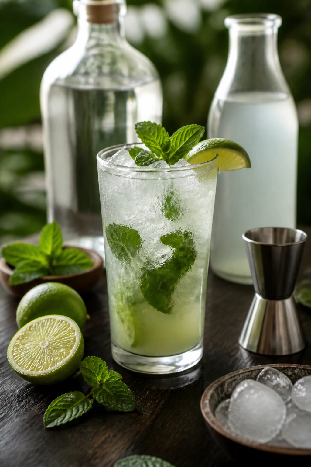 Mojito ingredients and glass arranged on wooden surface