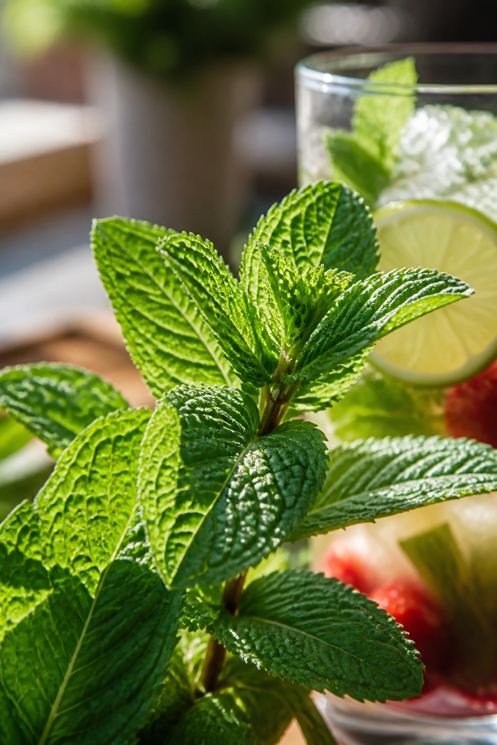 Close-up of a fresh mint sprig dominating the frame with a mojito glass blurred in the background