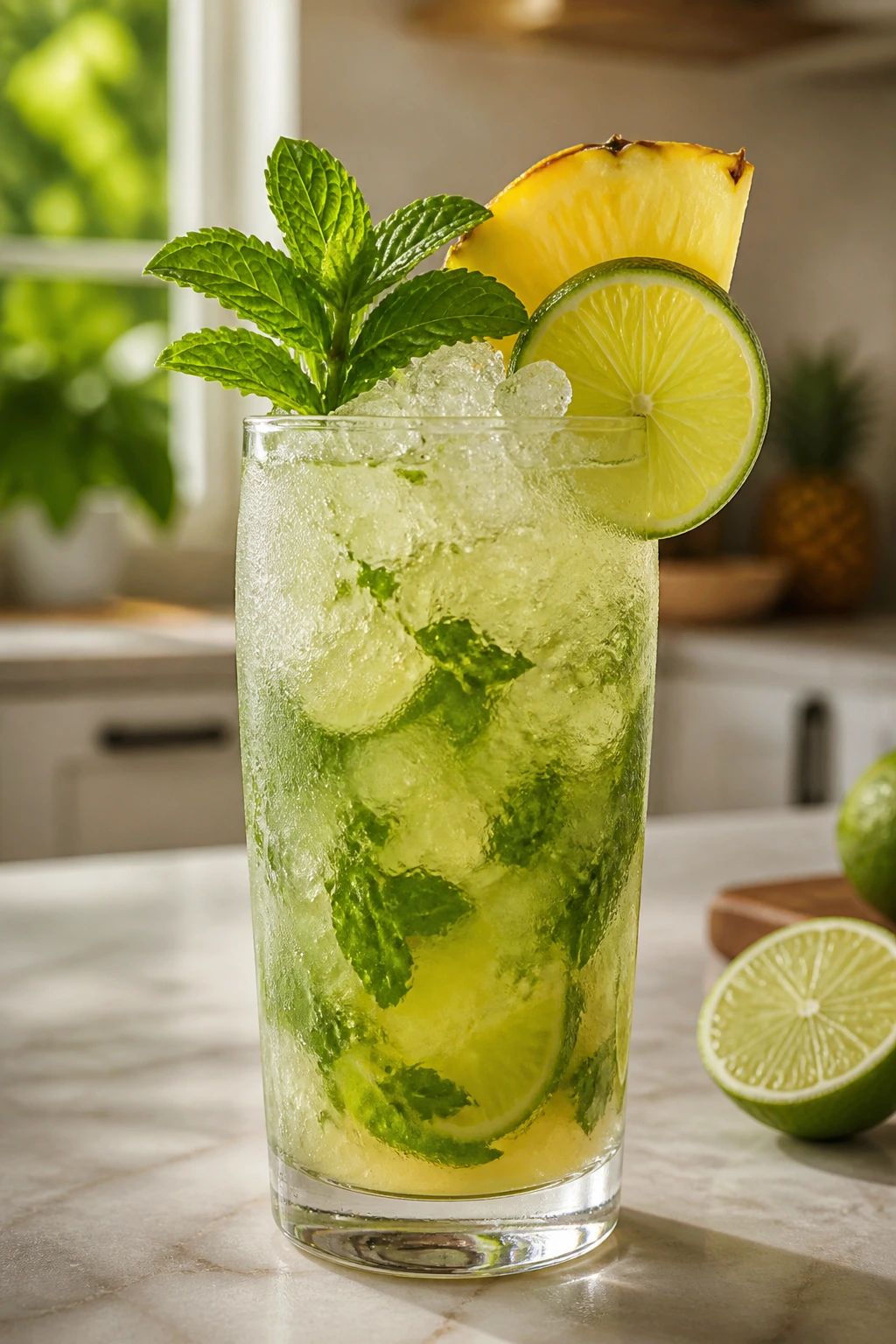 Close-up of frosted mojito glass with mint, lime, and pineapple garnish on a kitchen counter
