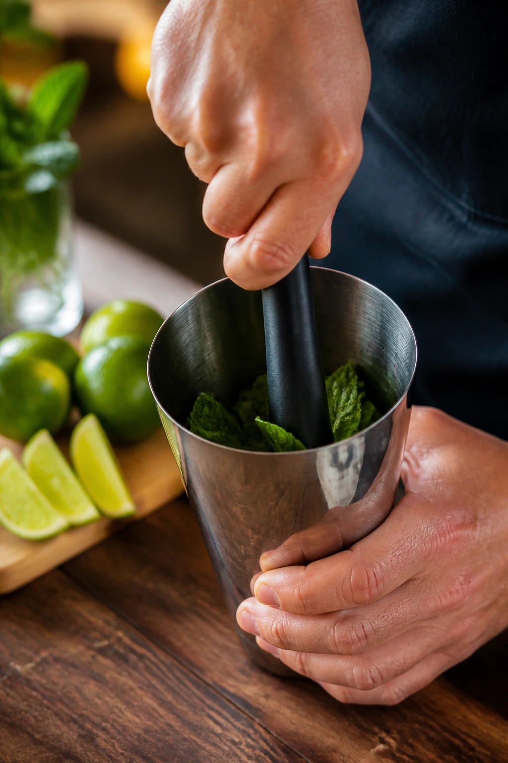 Hands muddling mint in a shaker for a mojito