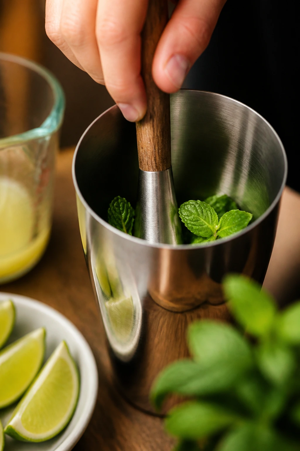 Hand muddling mint in a shaker for mojito