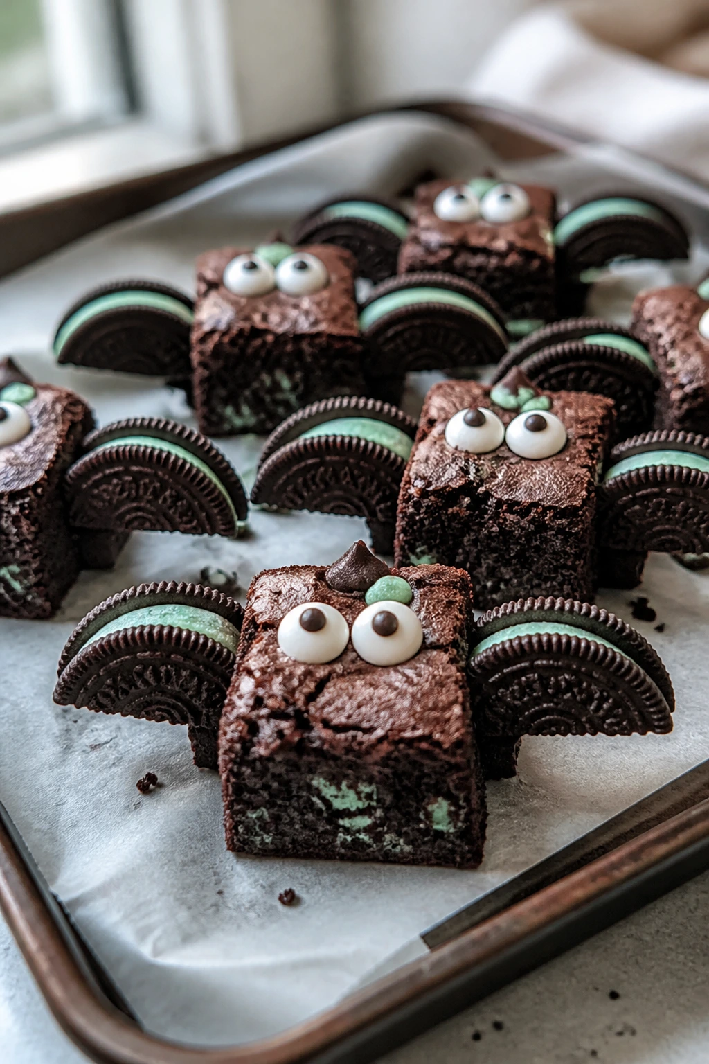 Close-up of mint-chip bat brownie with mint Oreo wings and candy eyes