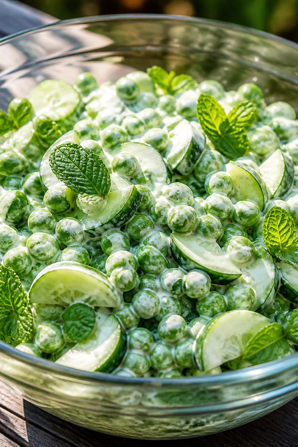 Close-up of minted pea and cucumber salad in a glass bowl with mint and cucumber visible