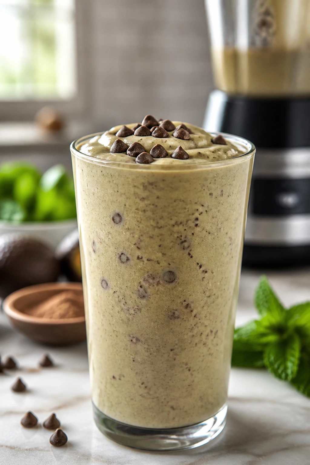 Close-up of a mint chip smoothie in a glass with chocolate chips on top, creamy texture