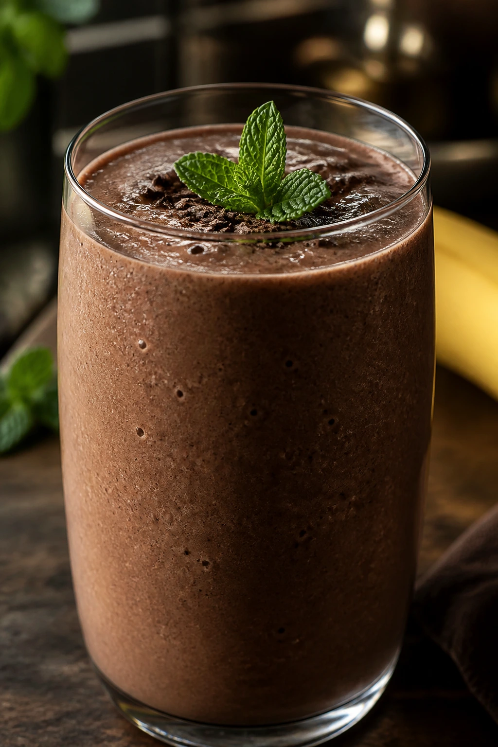 Close-up of Mint Tea Cocoa Banana Smoothie in a glass