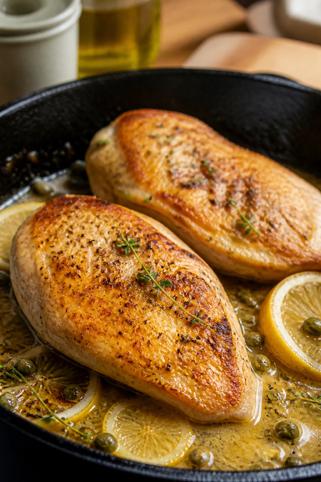 Close-up of minute chicken cutlets browning in a skillet with lemon butter sauce