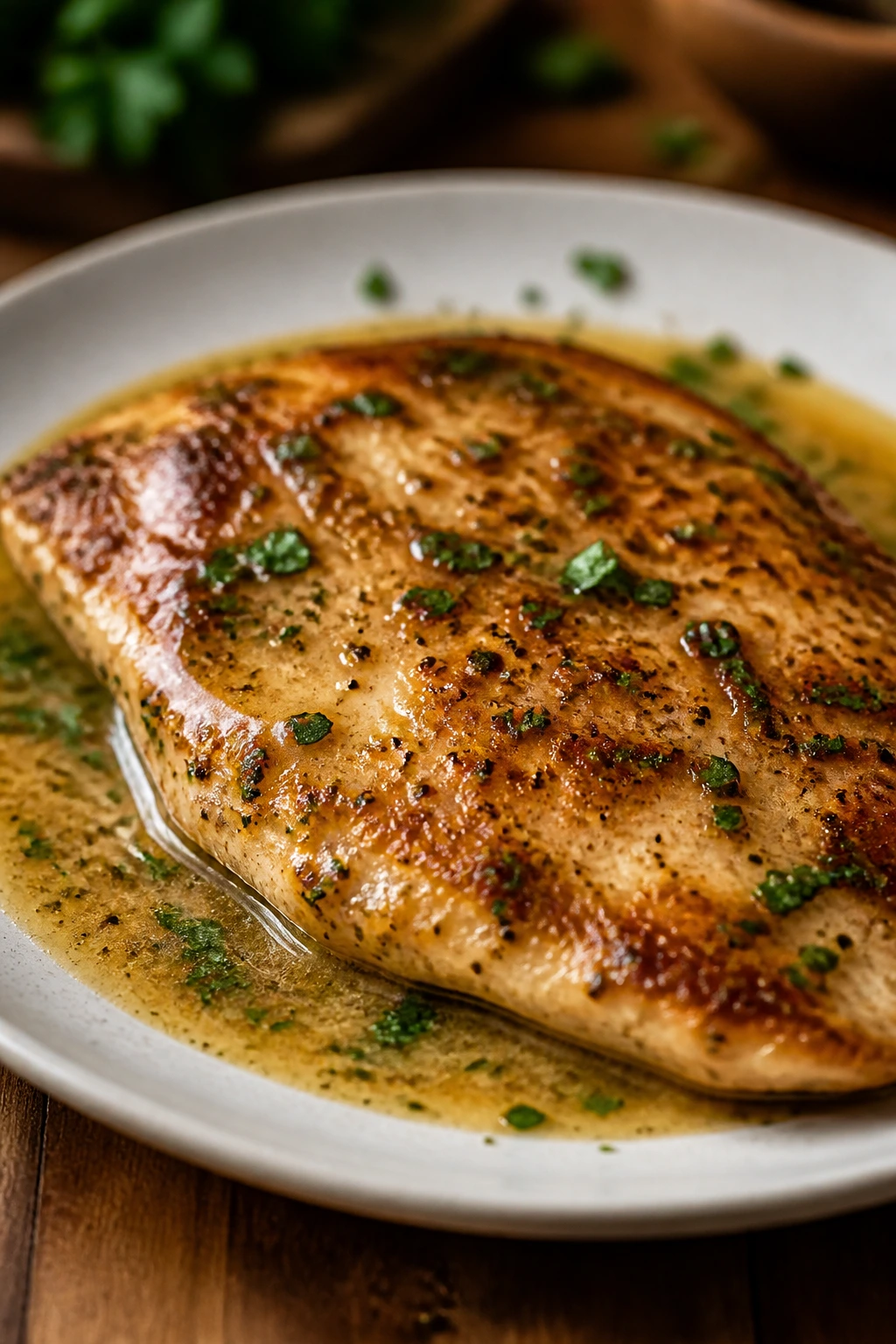 Plate of minute chicken dinner with glossy pan sauce