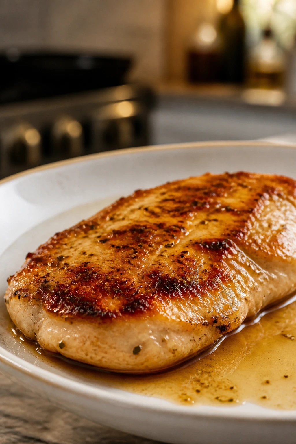 Close-up of an evenly thick minute chicken cutlet with sauce