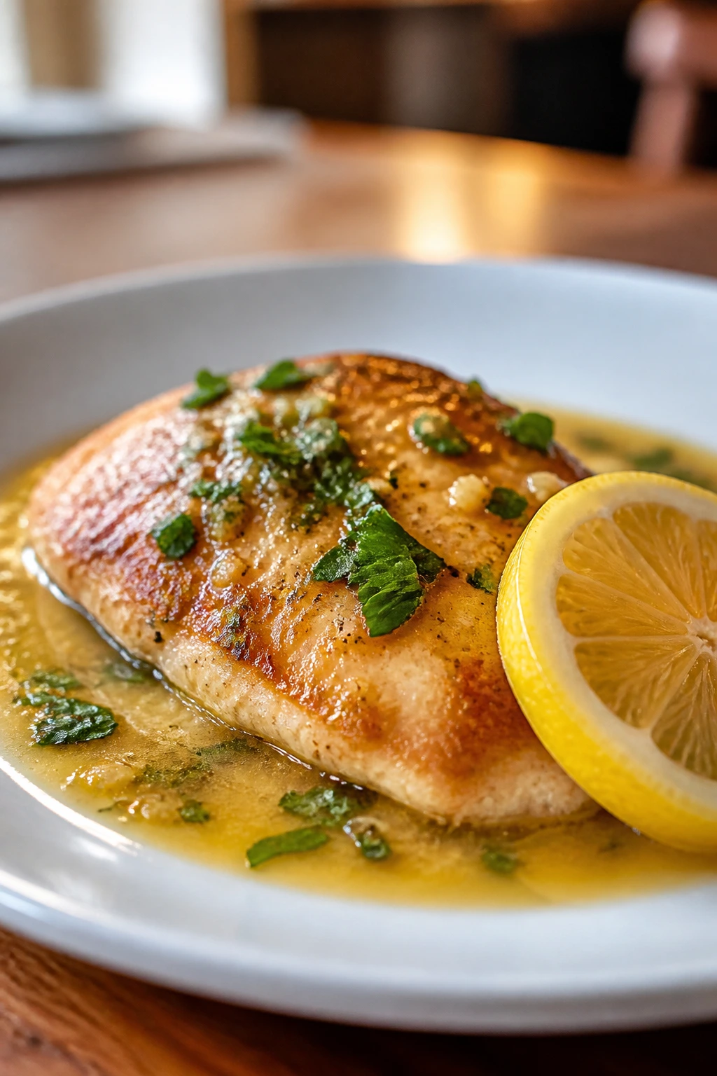Plated minute chicken with lemon butter sauce and parsley garnish