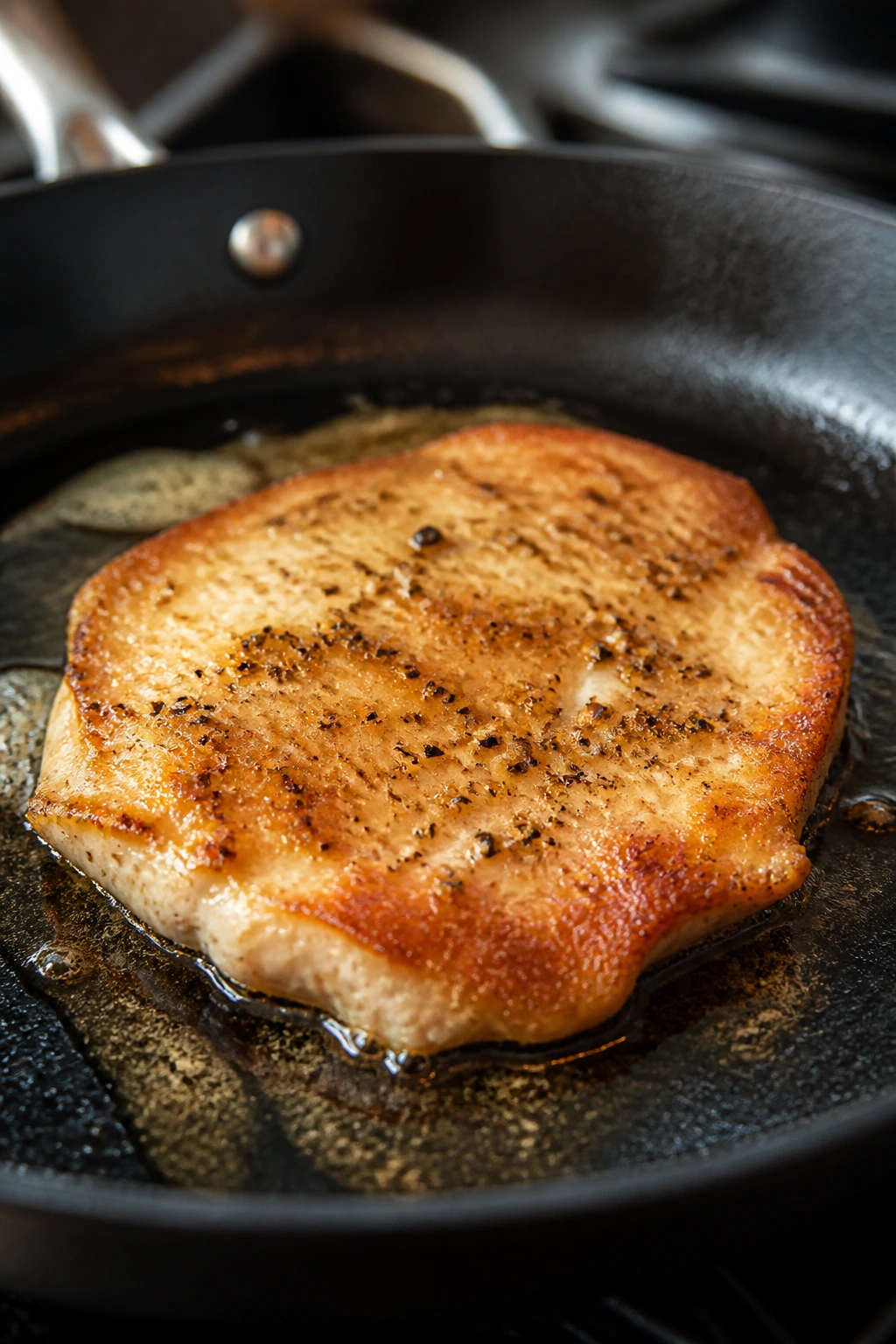 Close-up of minute chicken cutlet searing in a skillet with a golden crust