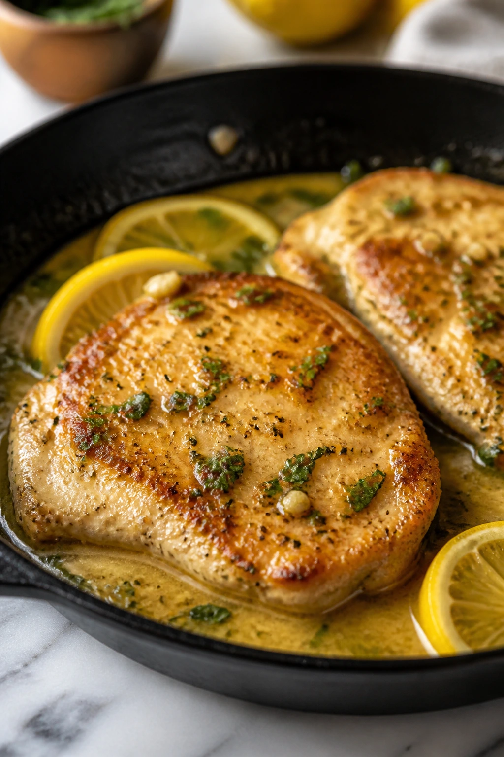 Close-up of a golden chicken cutlet in a skillet with lemon butter sauce