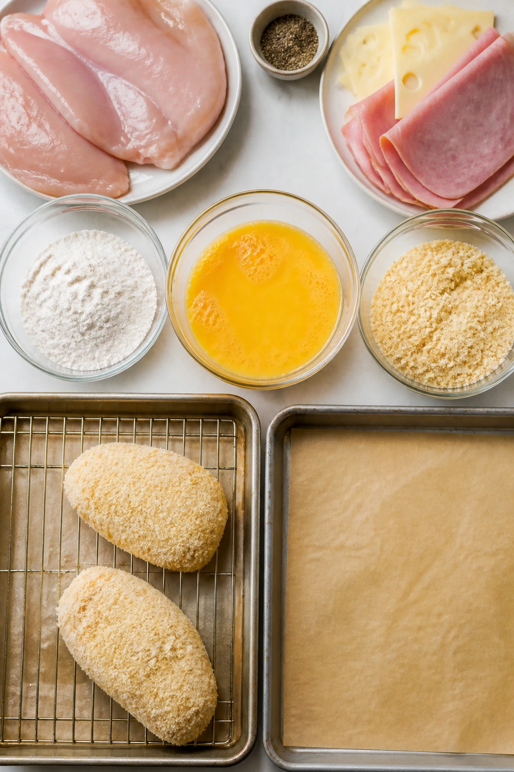 Mise-en-place setup with flour, egg wash, and crumb bowls