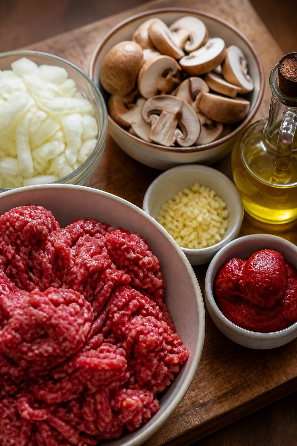 Mise en place setup with onions, mushrooms, garlic and tomato paste