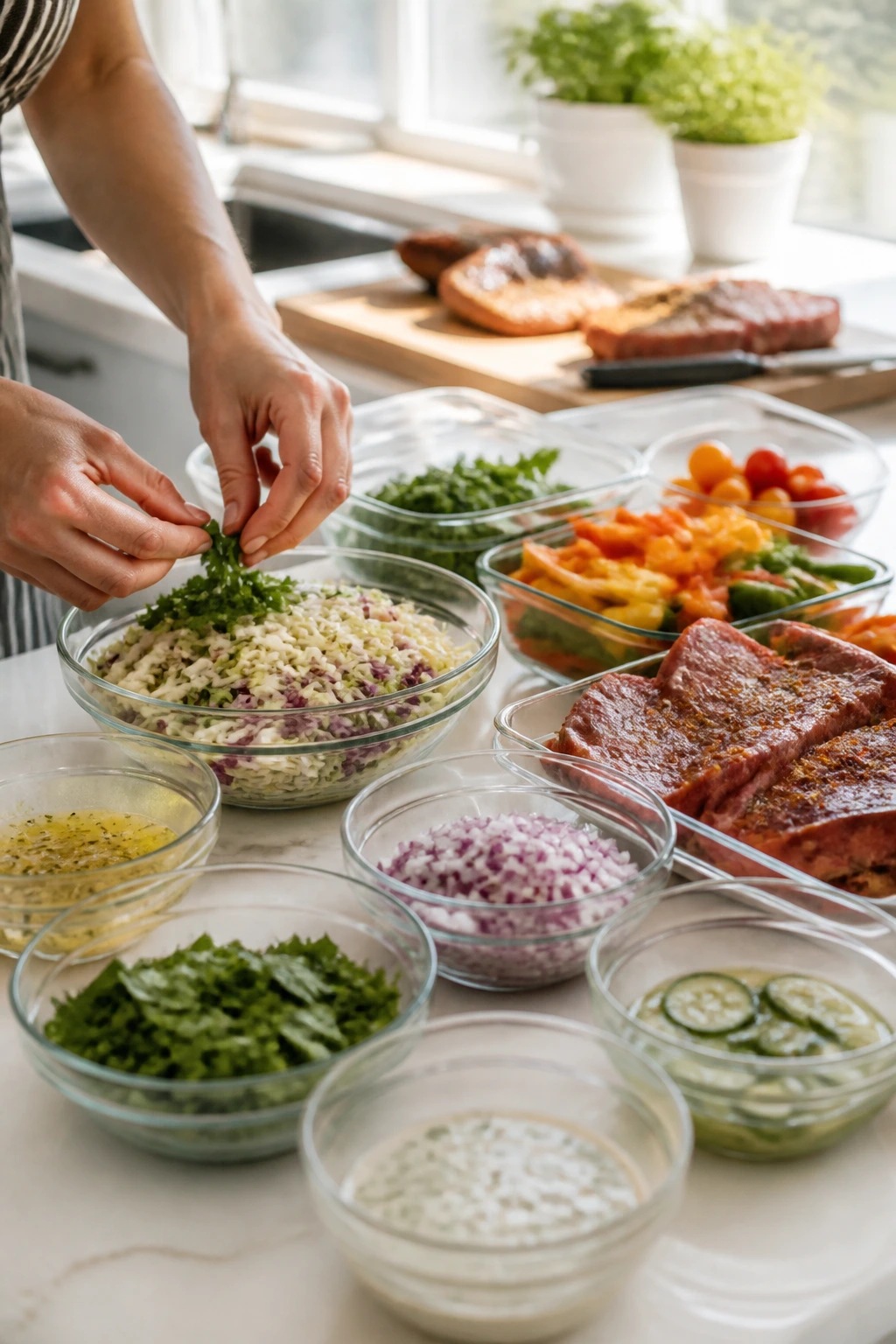 Hands arranging herbs over bowls of prepped ingredients in a bright kitchen.