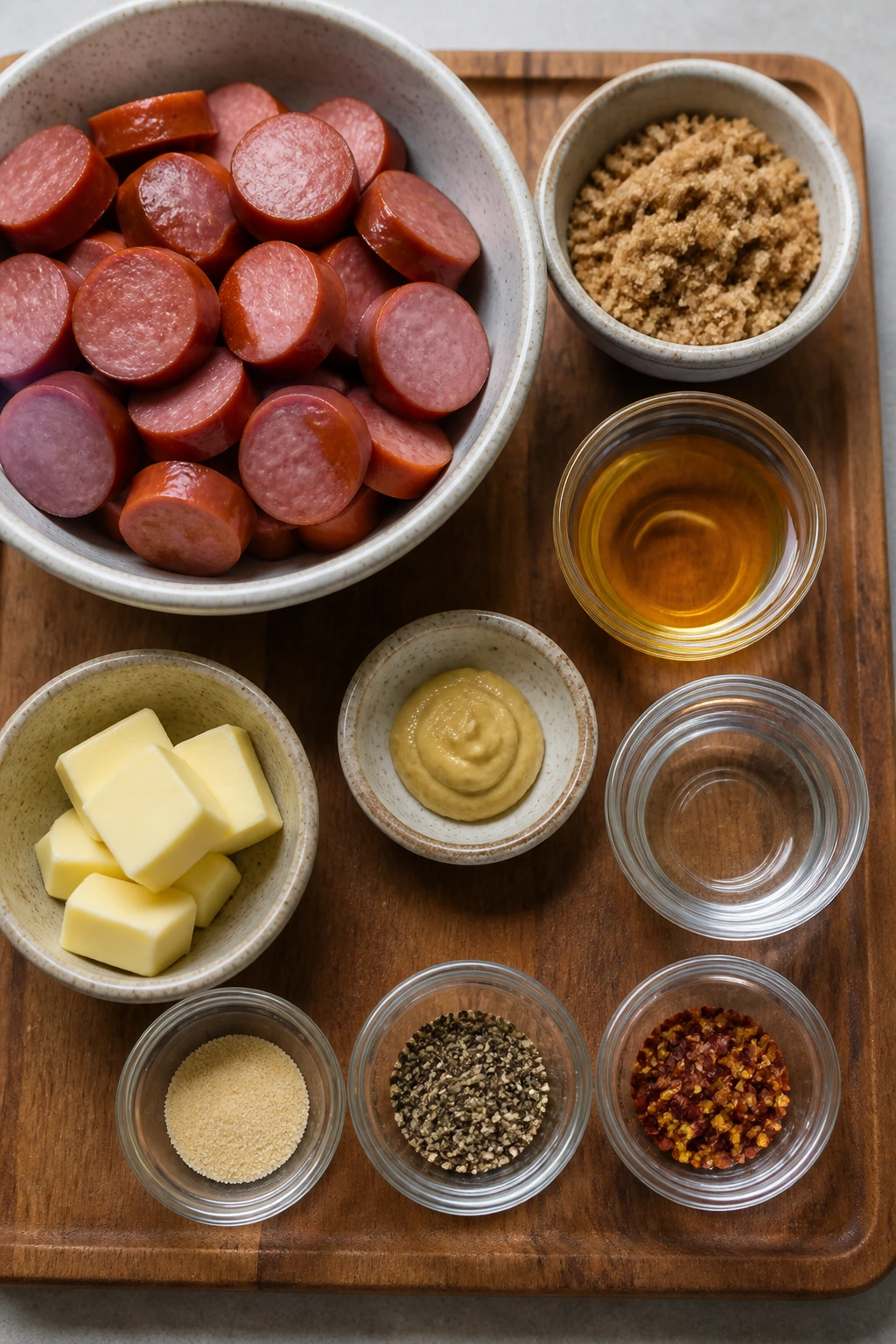 Mise en place of sausage and glaze ingredients on a wooden board