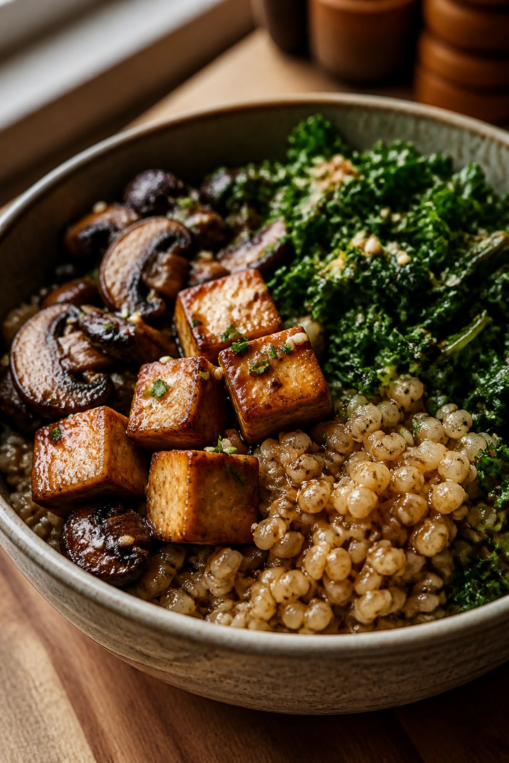 Close-up of miso mushroom barley bowl with barley, mushrooms, kale