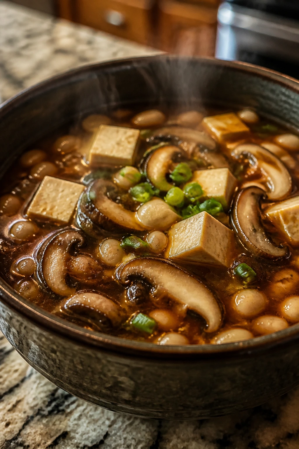 Steaming miso-bean soup with shiitake mushrooms and tofu