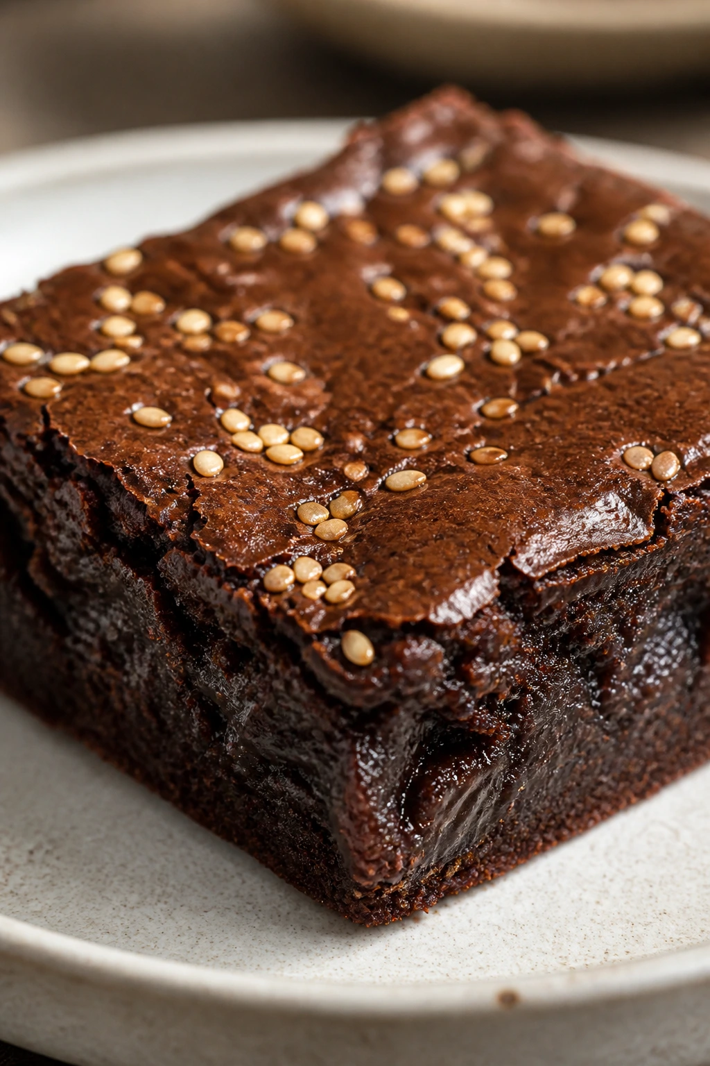 Close-up of a miso brownie with sesame seeds on top