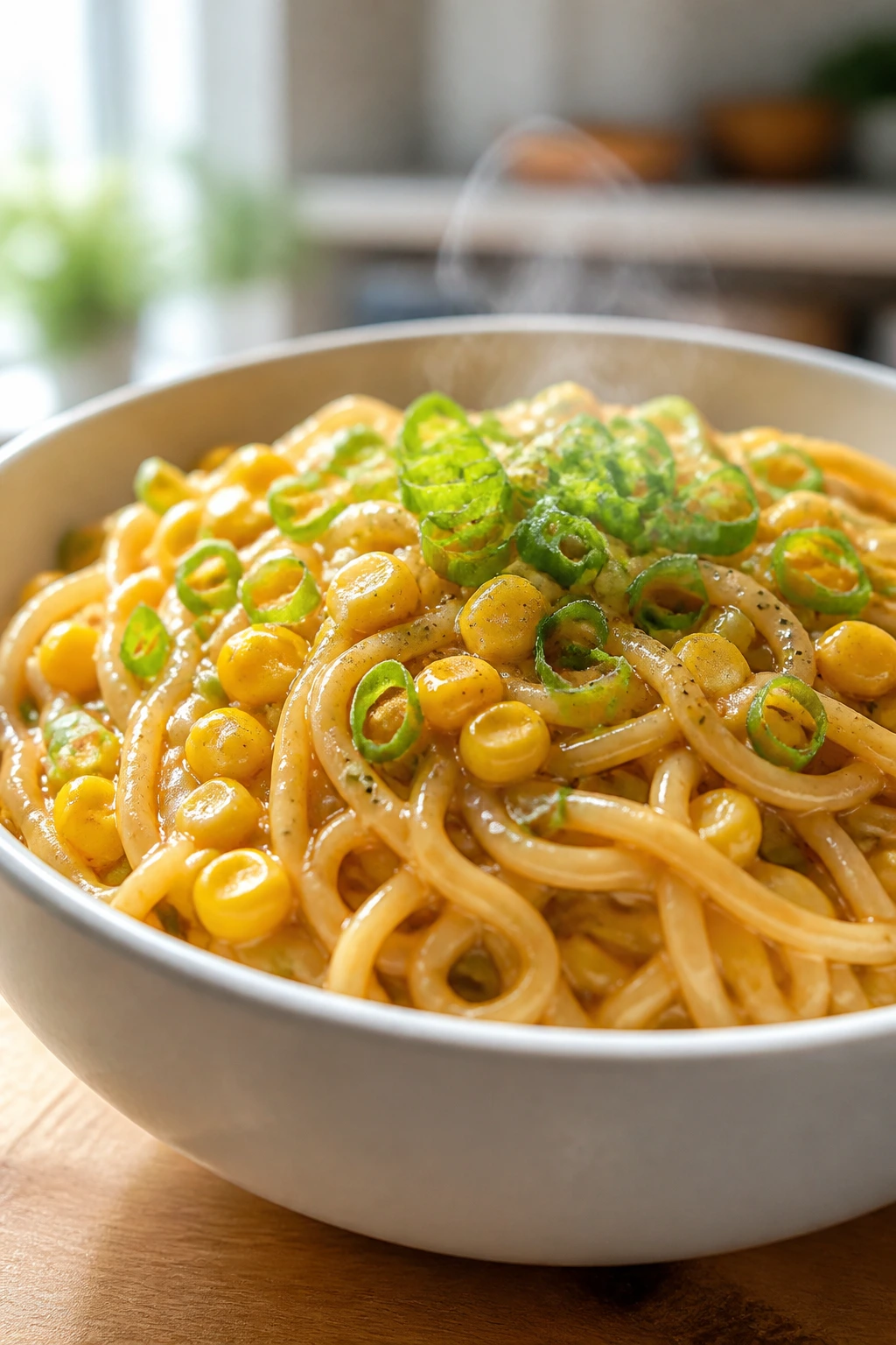 Glossy miso butter corn noodles in a white bowl