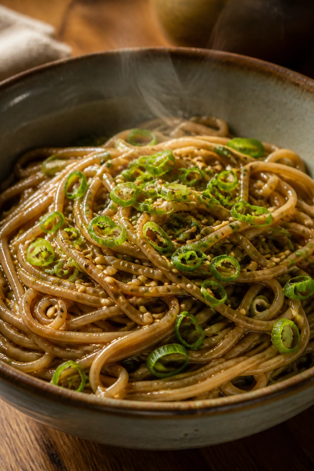 Close-up of soba noodles in miso-butter sauce with scallions and sesame seeds