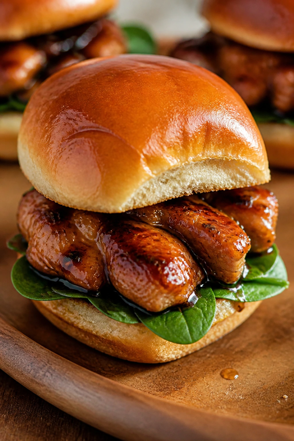 Close-up of miso-butter teriyaki chicken slider with greens