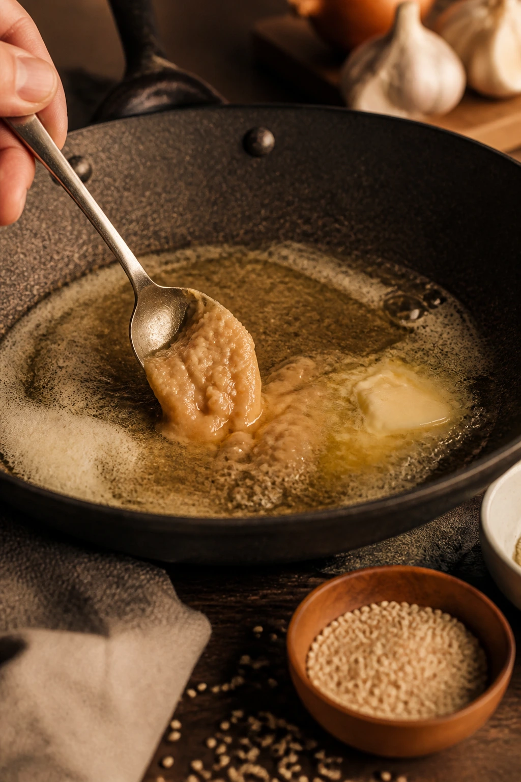 Miso-infused butter with sesame seeds in a skillet