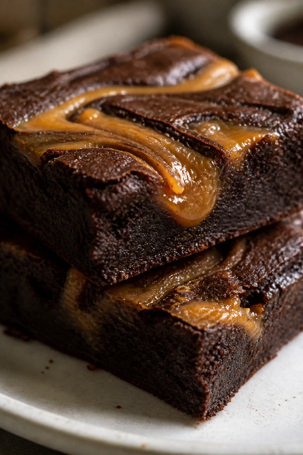 Fudgy brownie with miso caramel swirl on top in warm kitchen