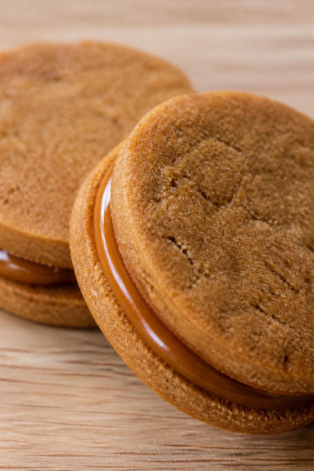 Close-up of two round miso caramel sandwich cookies with glossy filling