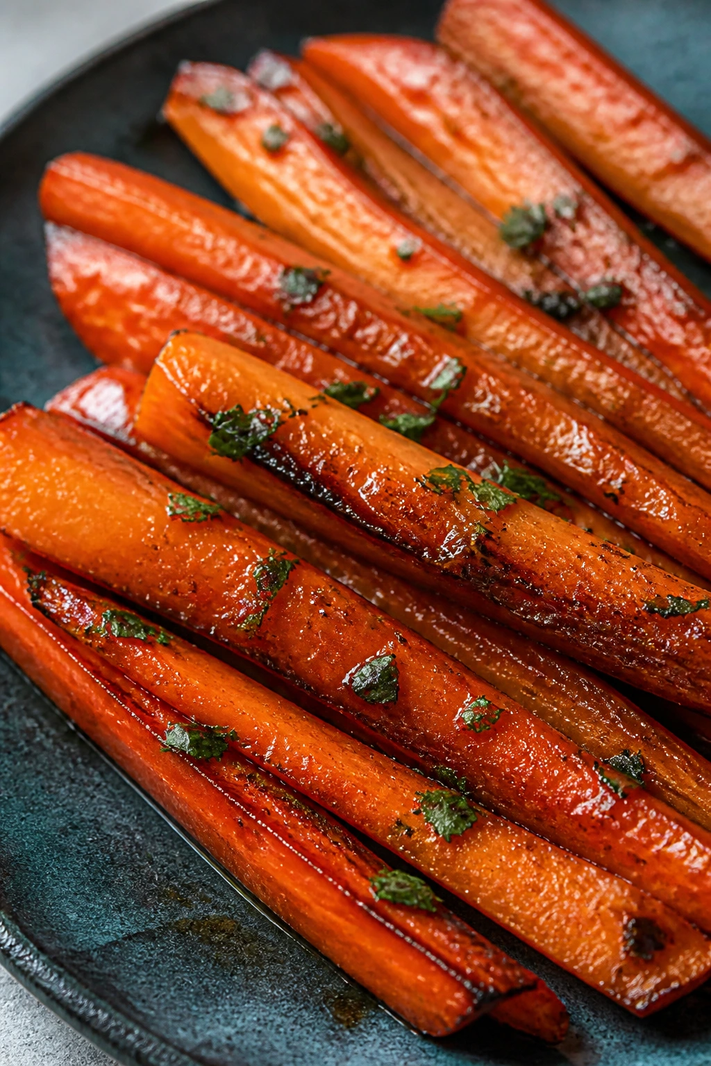 Close-up of glossy miso-glazed carrot sticks on a dark plate