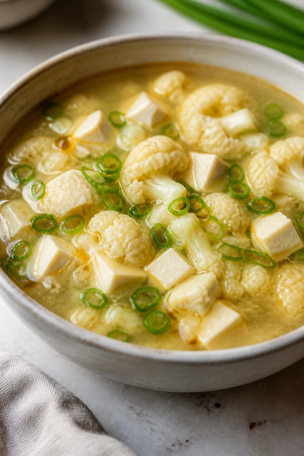 Miso cauliflower soup with tofu and scallions in a bowl