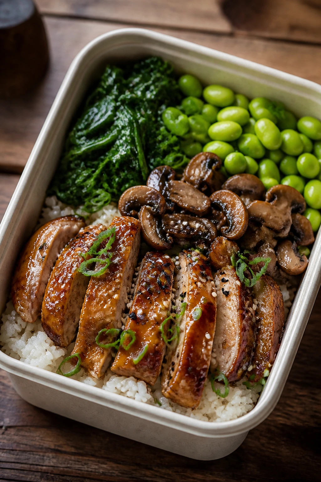 Close-up of miso chicken rice boxes with mushrooms edamame spinach