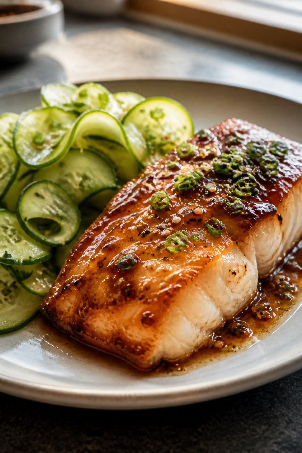 Close-up of miso-glazed cod with cucumber salad on a plate